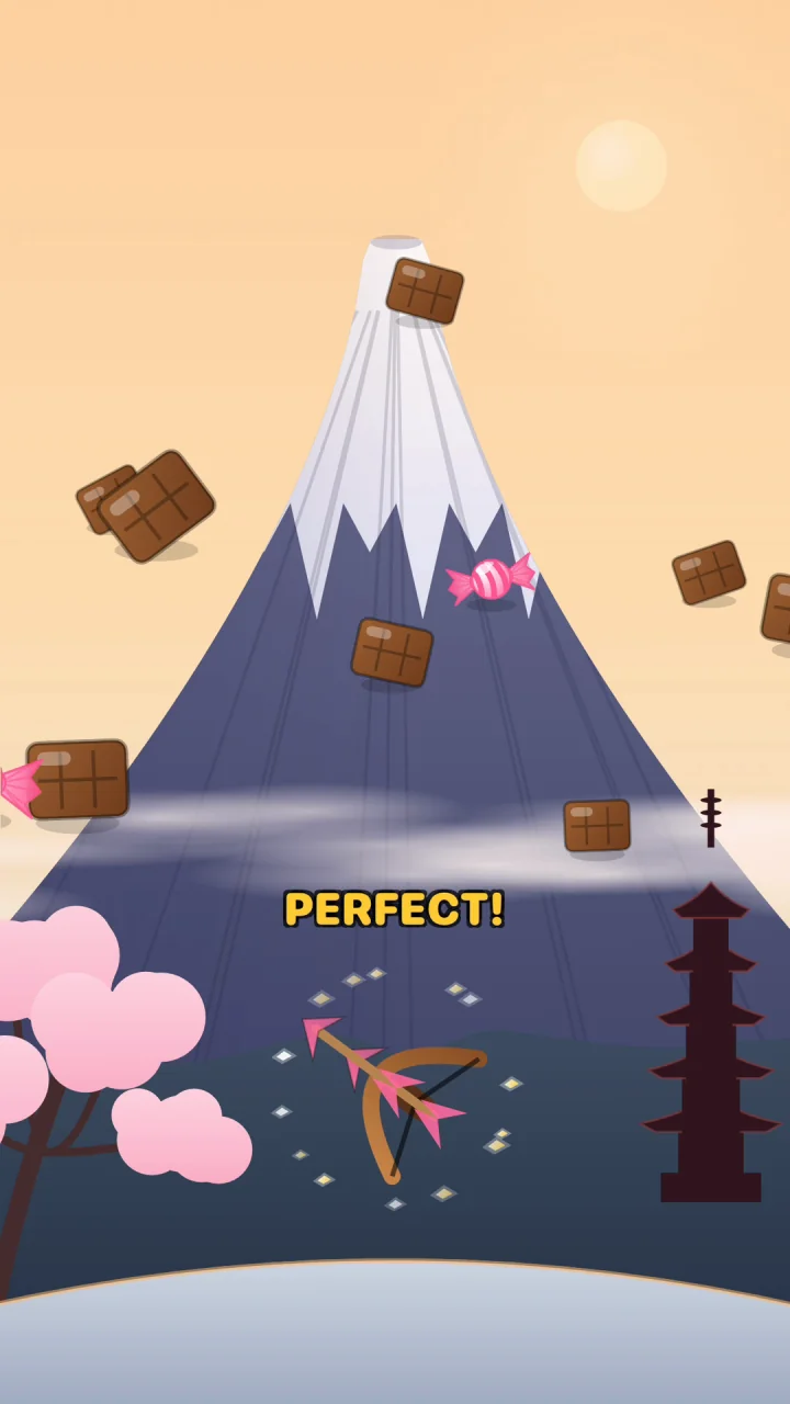 SnackShot gameplay: a bow aiming at flying snacks over Mount Fuji, with cherry blossoms and a pagoda
